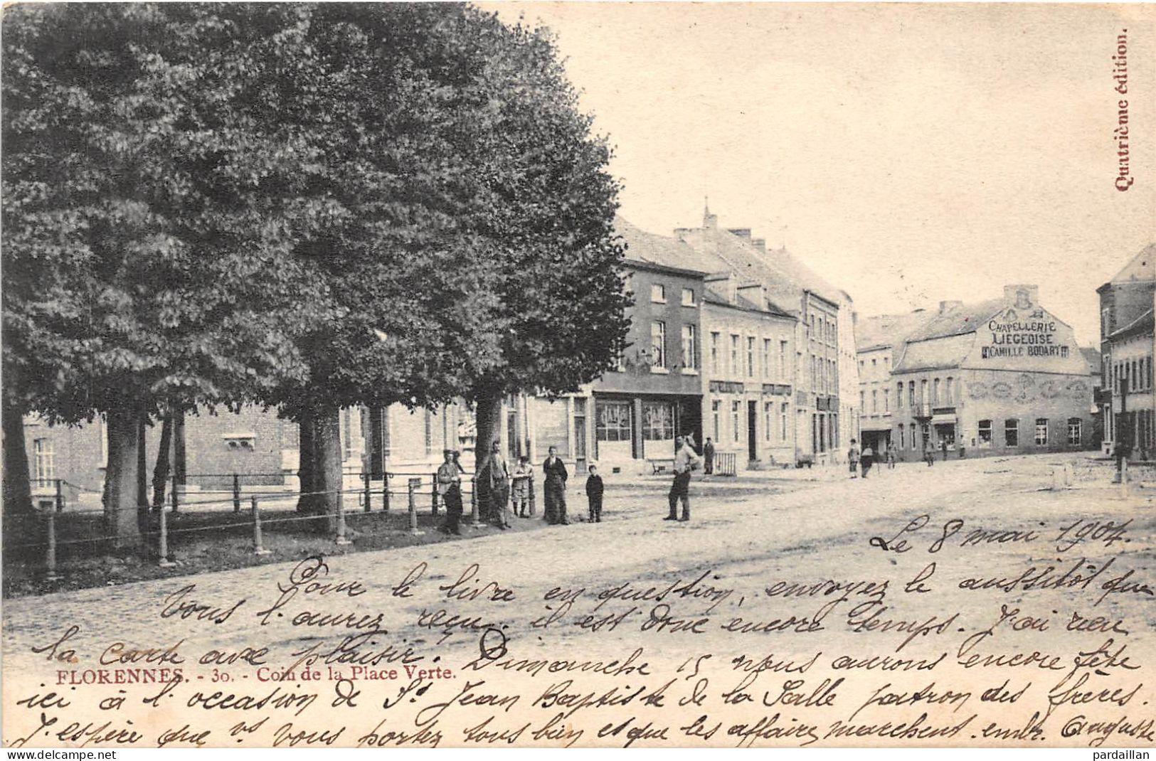 BELGIQUE. FLORENNES. COIN DE LA PLACE VERTE. ANIMATION. "CHAPELLERIE LIEGEOISE CAMILLE BODART.  1904 - Florennes