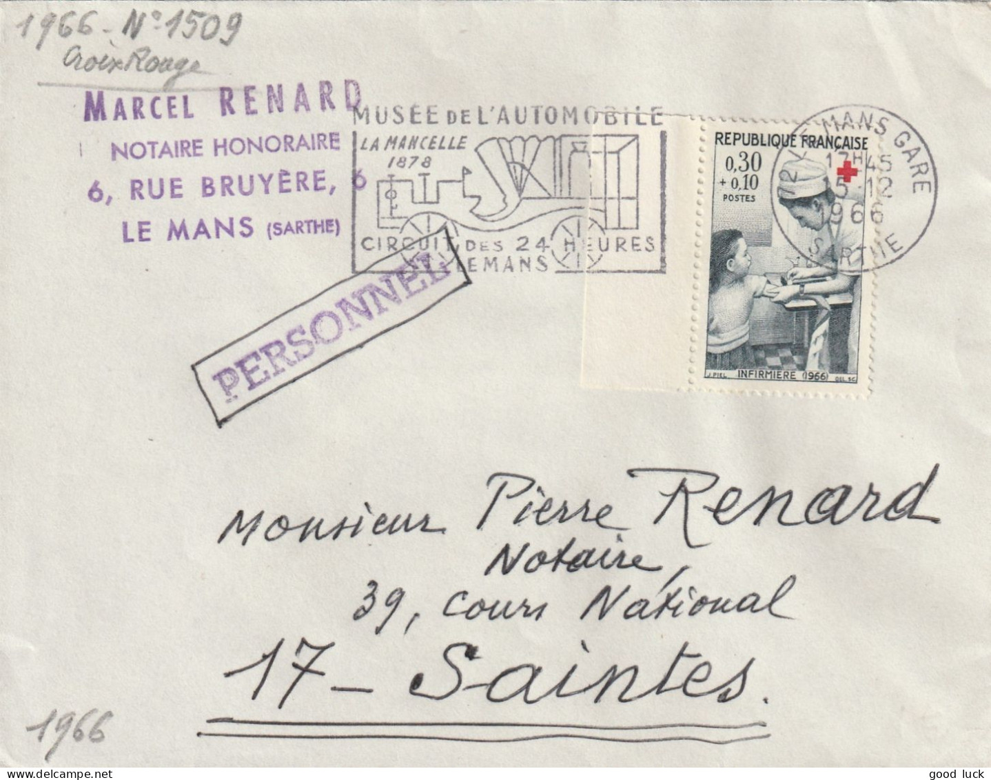 N° 1509 OMEC LE MANS GARE SARTHE 1966 POUR SAINTES CHARENTE - Croix Rouge