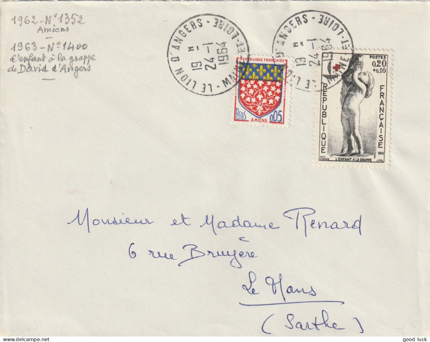 N° 1352 + 1400 LE LION D'ANGERS MAINE ET LOIRE 1964 POUR LE MANS SARTHE - Croix Rouge