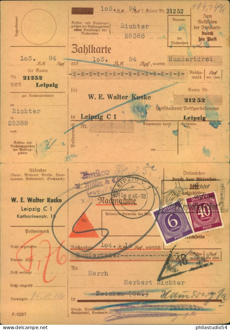 1946, 6 Und 40 Pfg. Ziffer  Auf Nachnahmekarte Ab LUOZIG - Lettres & Documents