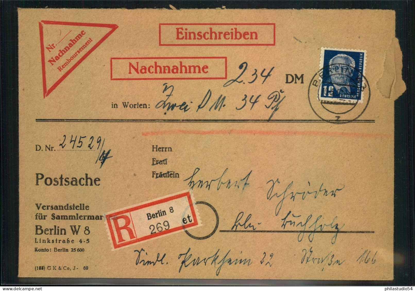 1951, 12 Pf. Oieck Im 10-er Block Mit Druckereizeichen 1 Rückseitig Auf R-Nachnahme Ab BERLIN W 8 - Lettres & Documents