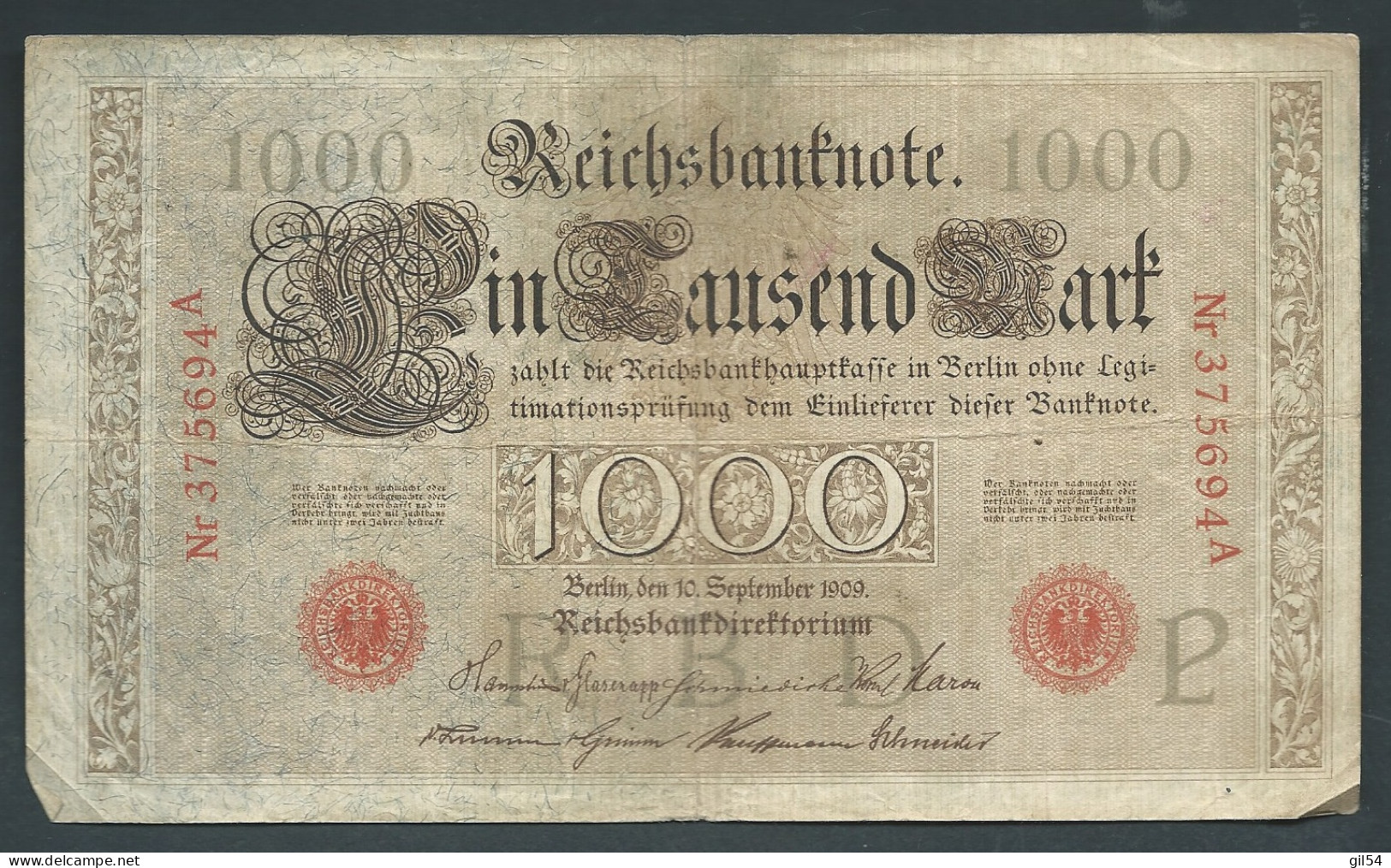 Allemagne Deutsches Reich Année   1909 1.000 Mark  - Nr375694A - Laura 12505 - 1.000 Mark