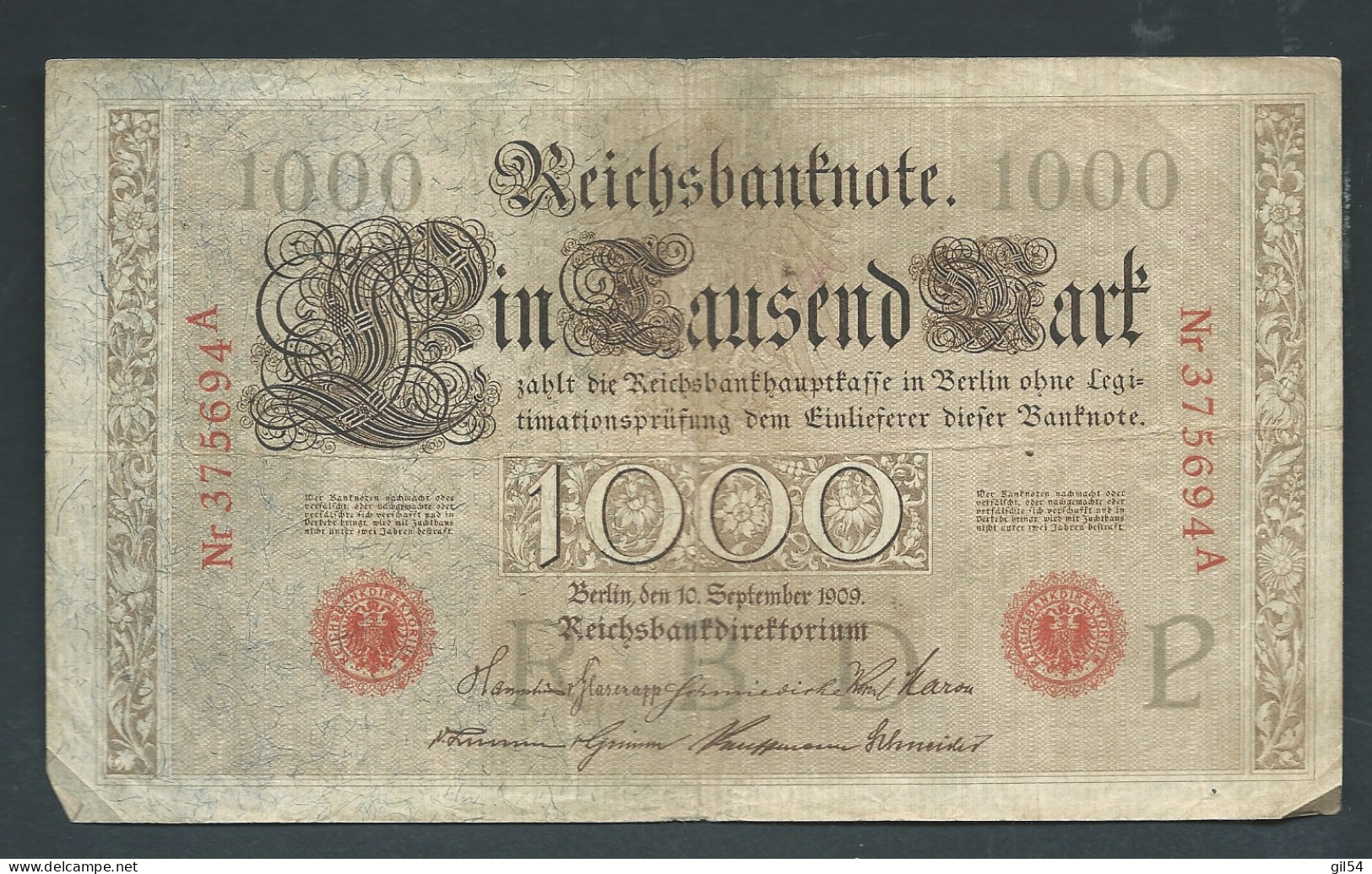 Allemagne Deutsches Reich Année   1909 1.000 Mark  - Nr375694A - Laura 12505 - 1.000 Mark