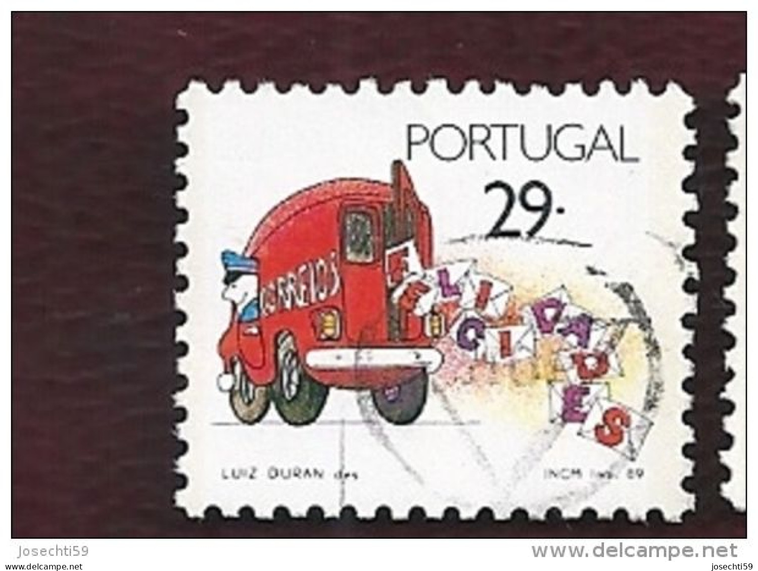 N° 1753 Voiture Postale Laissant échapper Des Lettres Formant Le Mot "félicidades"  29 E  Timbre Portugal Oblitéré 1989 - Oblitérés