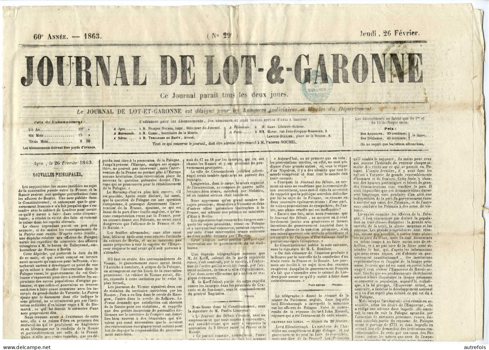 JOURNAL DE LOT ET GARONNE  26 FEVRIER 1863   -  4  PAGES - 1800 - 1849