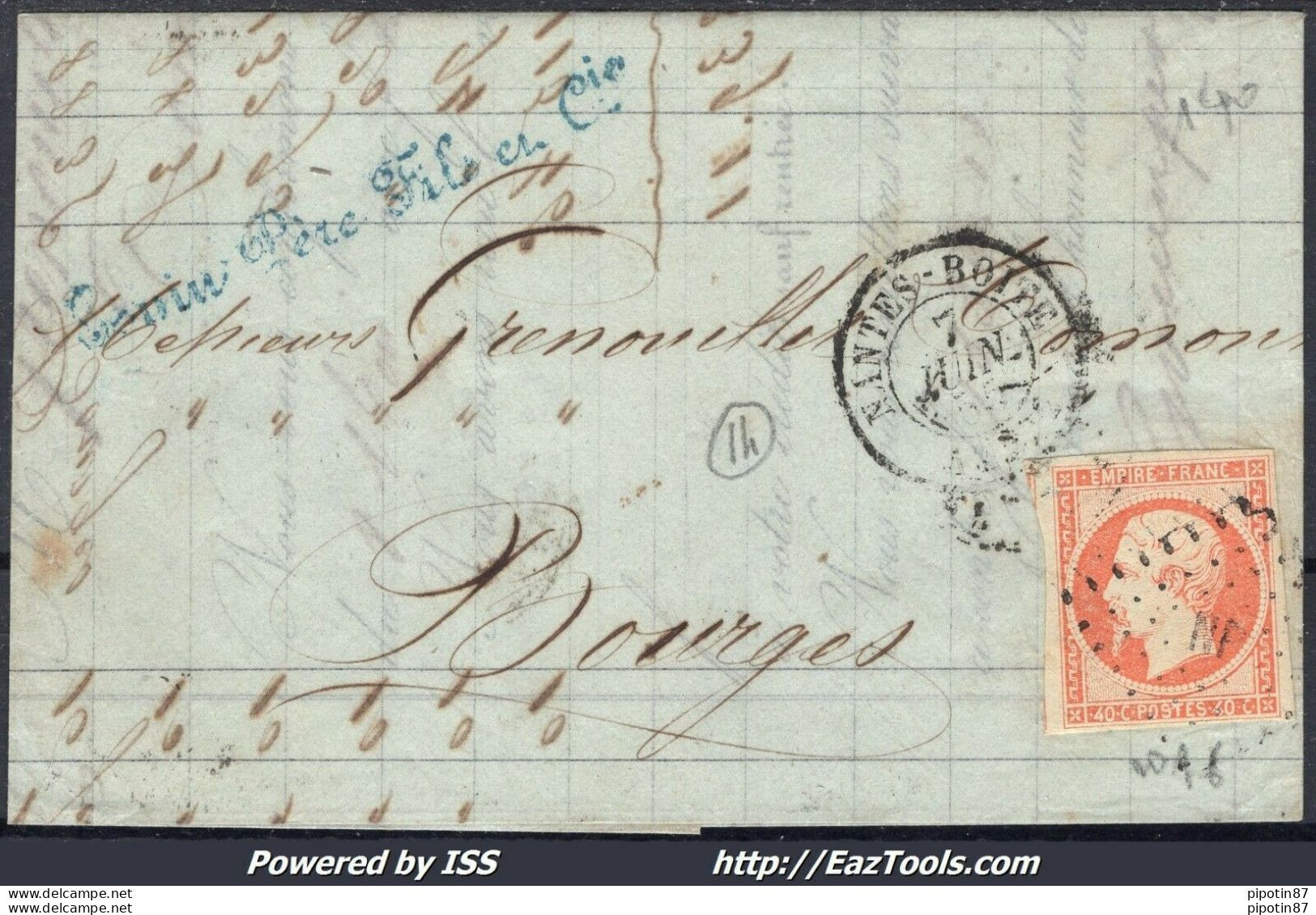 FRANCE N°16 SUR LETTRE AMBULANT NP + CAD GARE NANTES BOITE AMBT 2 DU 07/06/1855 - 1853-1860 Napoleon III