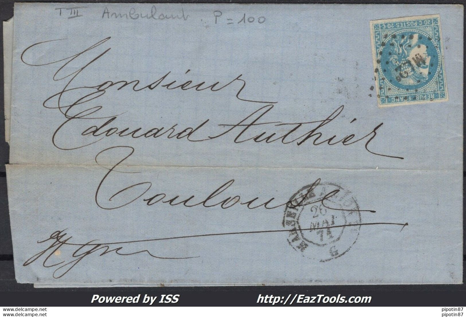 FRANCE N°46B SUR LETTRE AMBULANT DE JOUR ML2° MARSEILLE A LYON DU 26/05/1871 - 1870 Bordeaux Printing