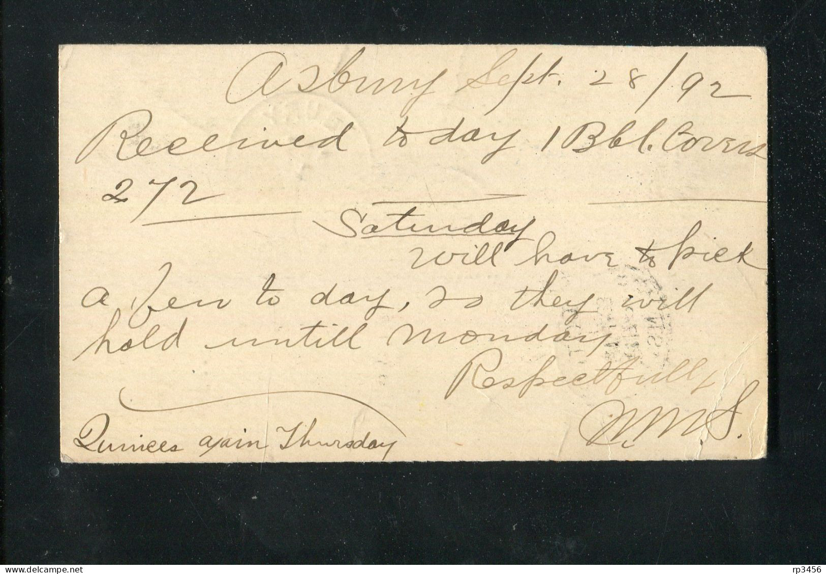"USA" 1892, Postkarte Ex Asbury (D027) - ...-1900