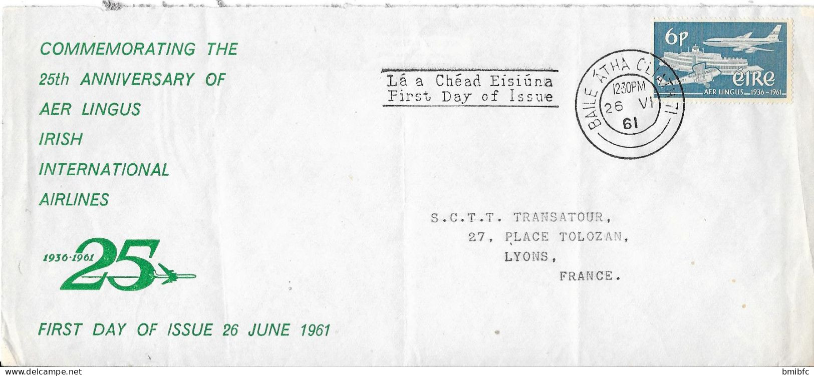 FDC 1961 COMMEMORATING THE 25th ANNIVERSY OF AER LINGUS IRISH INTERNATIONAL AIRLINES - Lettres & Documents