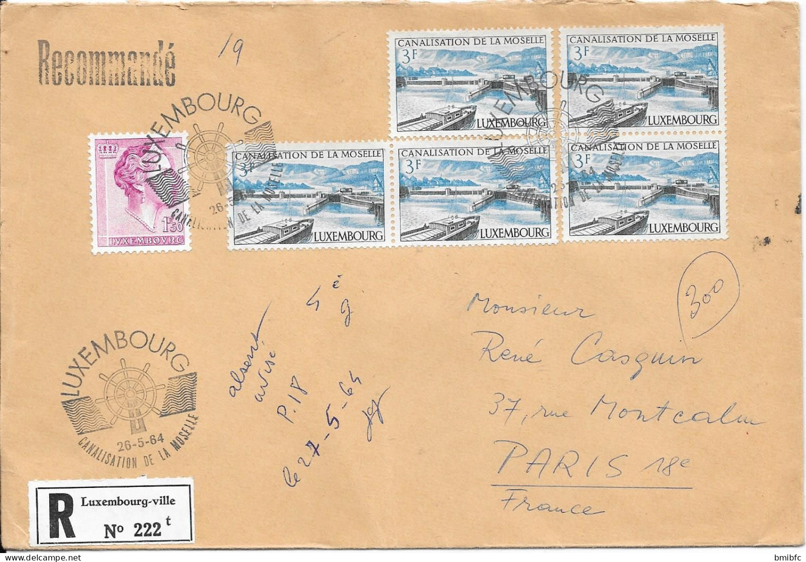 1964  En Recommandé LUXEMBOURG-VILLE  Du 26-5-64  Pour PARIS (18) - Storia Postale