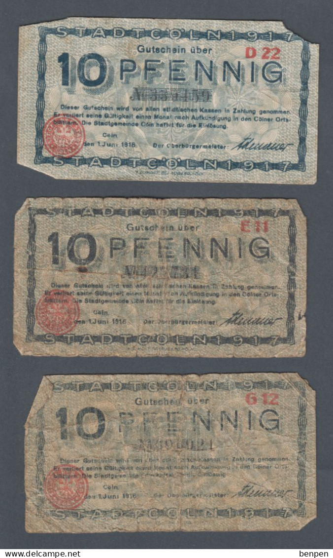 3 Billets Stadtcöln 1917 10 Pfennig, Gutschein über, Cein 1918, Billets Nécessité ? WWI 1ère Guerre Mondiale Cologne DE - Autres & Non Classés