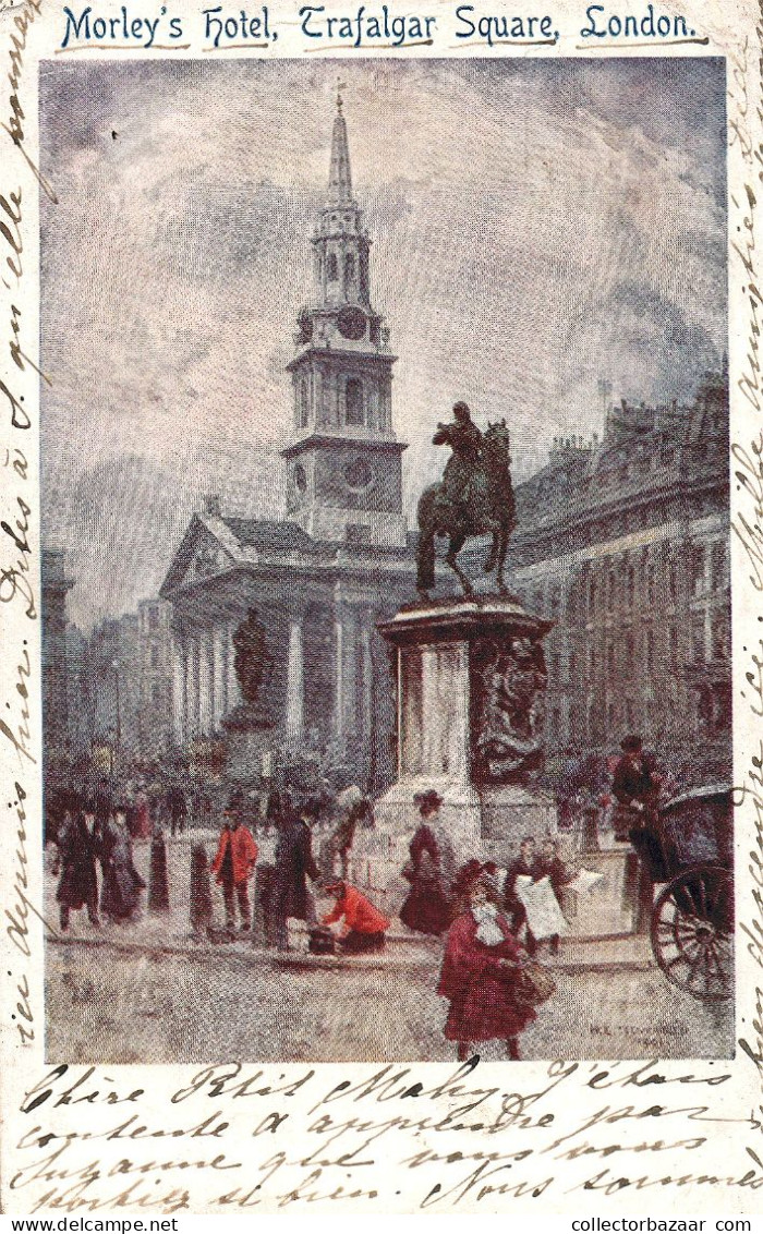 GB TRAFALGAR SQUARE UNUSUAL POSTCARD ADVERTISING MORLEY'S HOTEL VARIOUS TRANSIT MARKS - Trafalgar Square