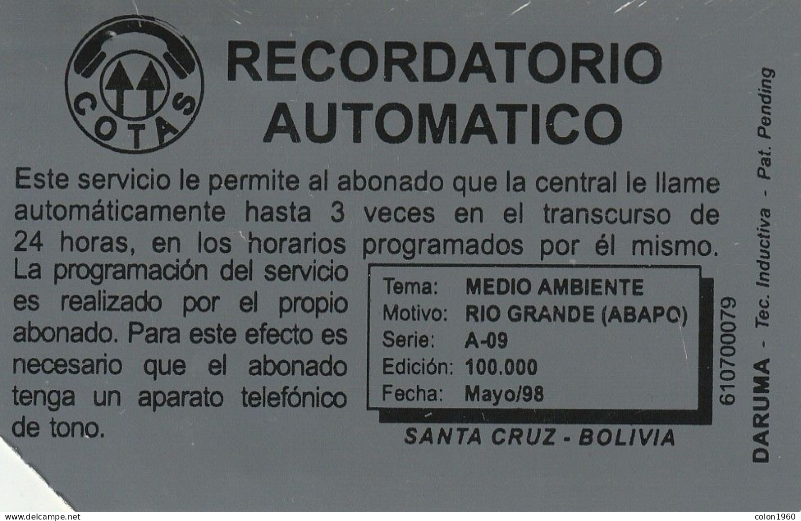 BOLIVIA. BO-COT-038B. RIO GRANDE. (ABAPÓ). COTAS. 1998-05. REGULAR. (014) - Bolivië