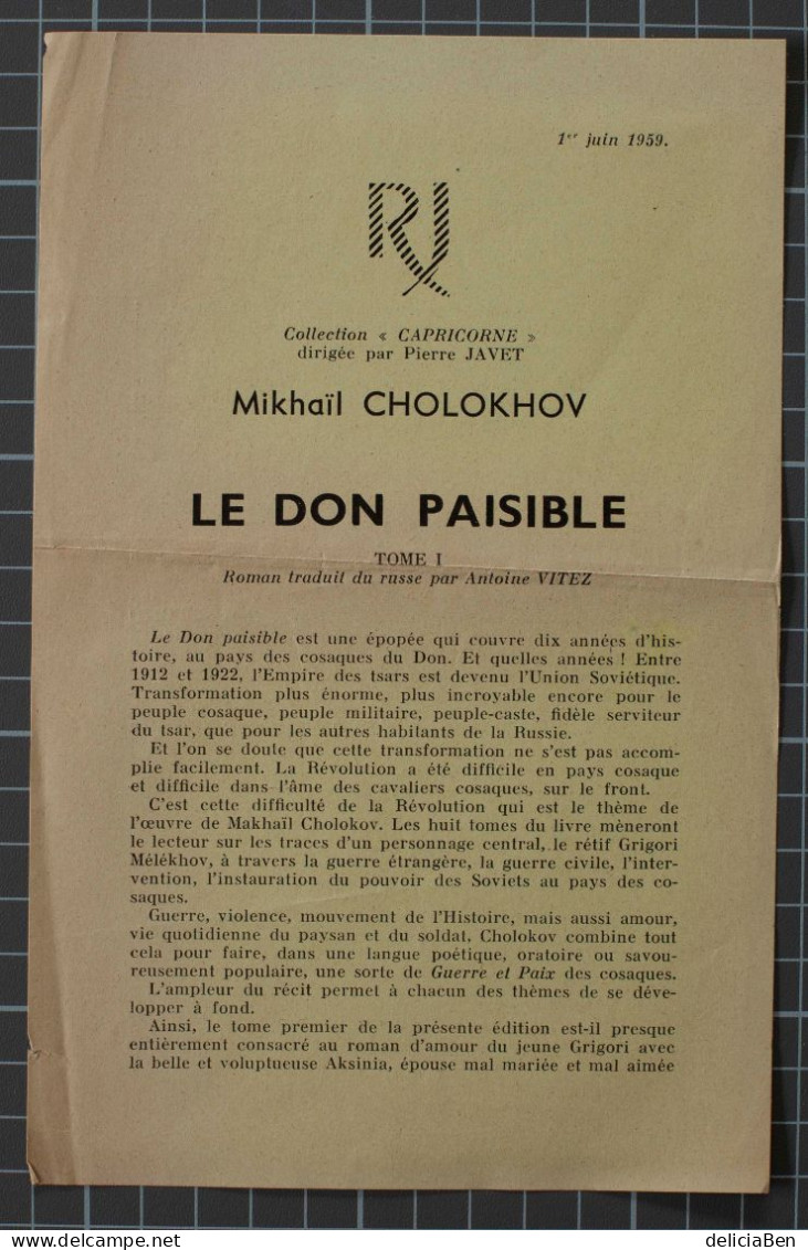 Mikhaïl Cholokhov. Le Don paisible Roman traduit du russe et dédicacé par Antoine Vitez. 1959