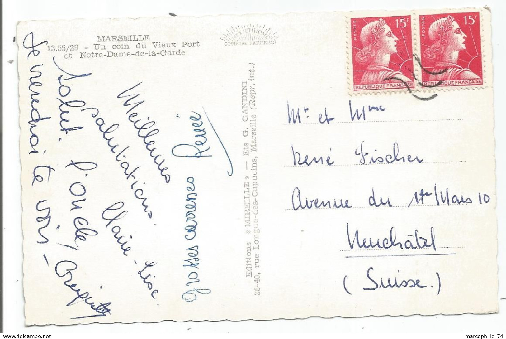 MULLER 15FR X2 CARTE DE MARSEILLE POUR SUISSE ANNULATION SUISSE - 1955-1961 Marianne (Muller)