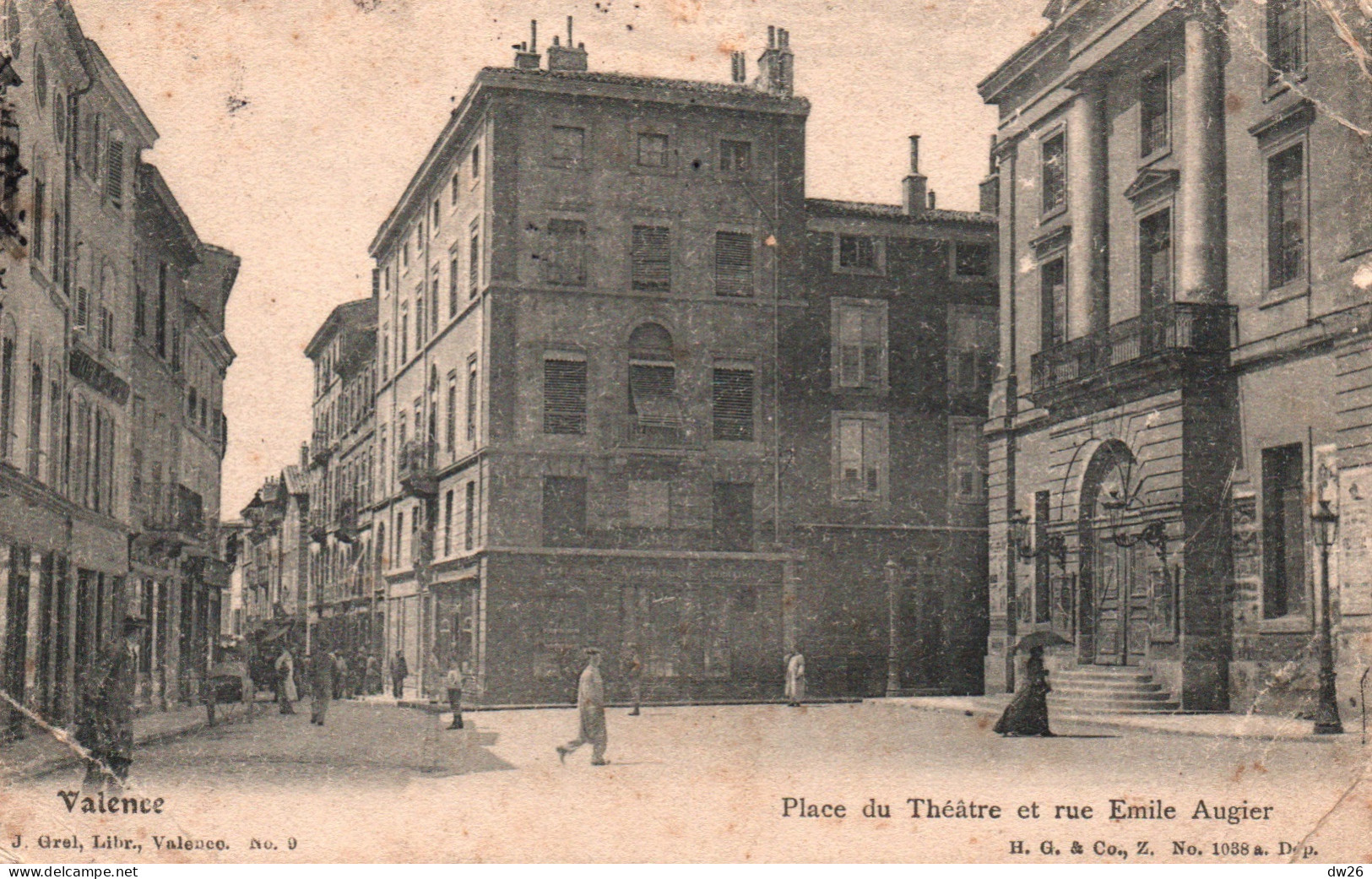 Valence - La Place Du Théâtre Et Rue Emile Augier - Edition Grel, Libraire - Carte H.G. & Co. N° 1038 - Valence