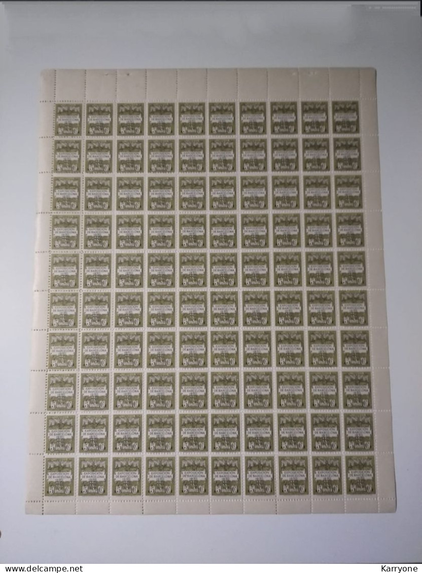 Pliego 100 Sellos 1930 Exposición De Barcelona 5 Cts Serie 6 Nuevo Numeración Trasera Edifil 6 - Feuilles Complètes