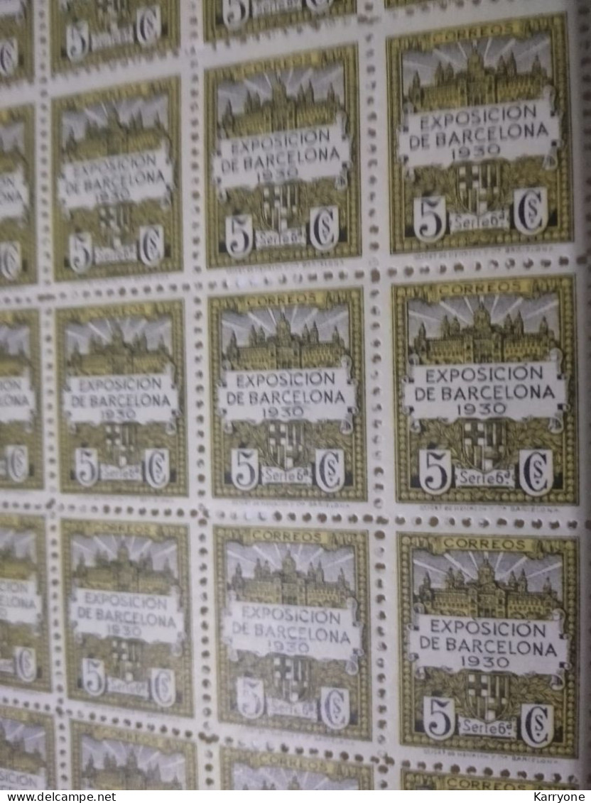 Pliego 100 Sellos 1930 Exposición De Barcelona 5 Cts Serie 6 Nuevo Numeración Trasera Edifil 6 - Feuilles Complètes