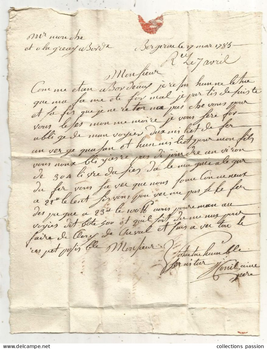 Lettre, Préphilatélie, Précurseurs XVIII E Siècle, 1785, BERGERAC, 3 Scans, Pour BORDEAUX - 1701-1800: Précurseurs XVIII