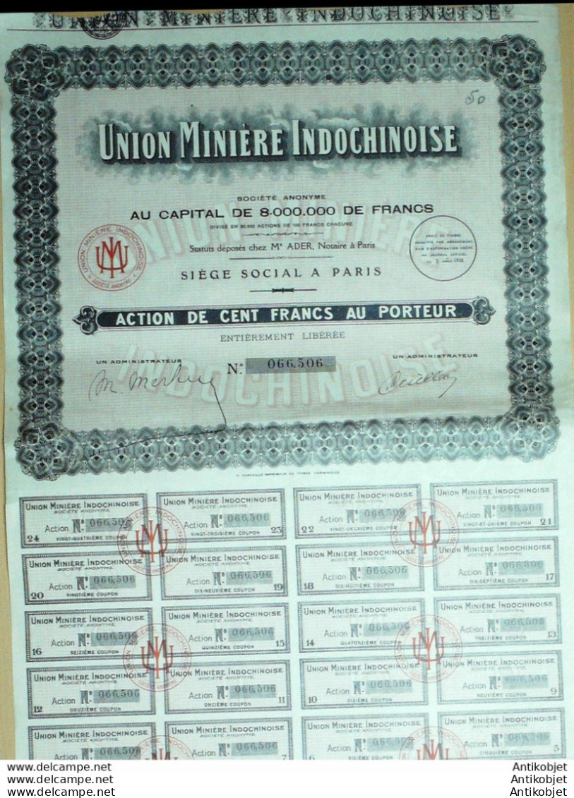 Union Minière Indochinoise 100 Fr Paris 1928 - Mines