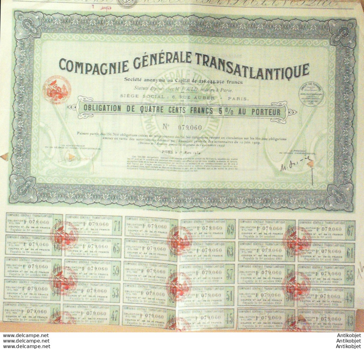 Transatlantique (Cie Génétale) Obligation 400 Fr Paris 1934 - Navigation