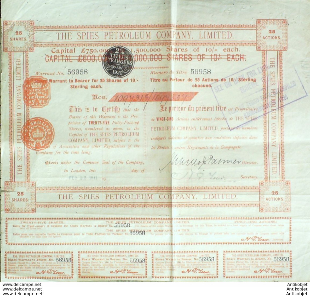 The Spies Petroleum Company Ltd Action £ 10 Londres 1911 - Petróleo