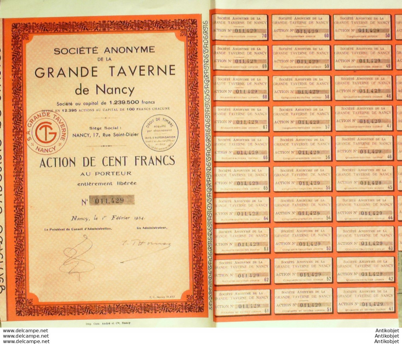 Taverne De Nancy (54) (Brasserie) Action 100 Fr 1934 - Tourism