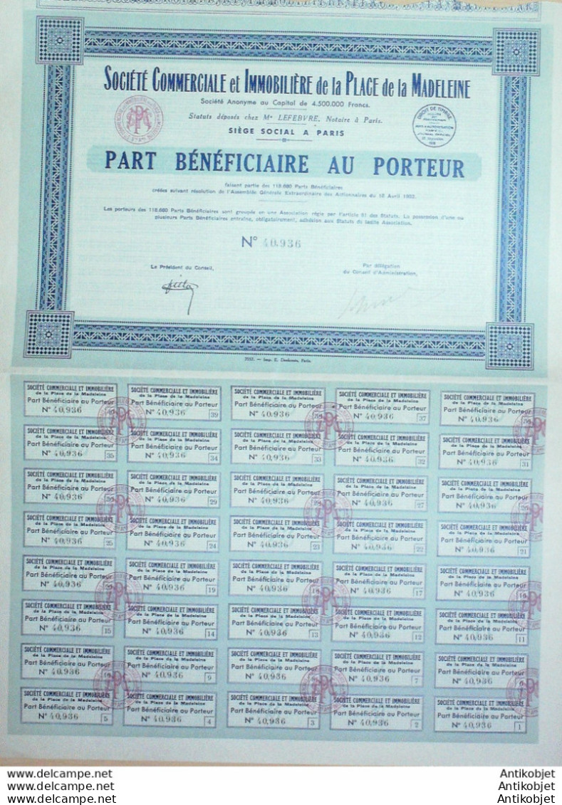 Sté Commerciale Immobilière Place De La Madeleine Action Au Porteur 1932 - Toerisme