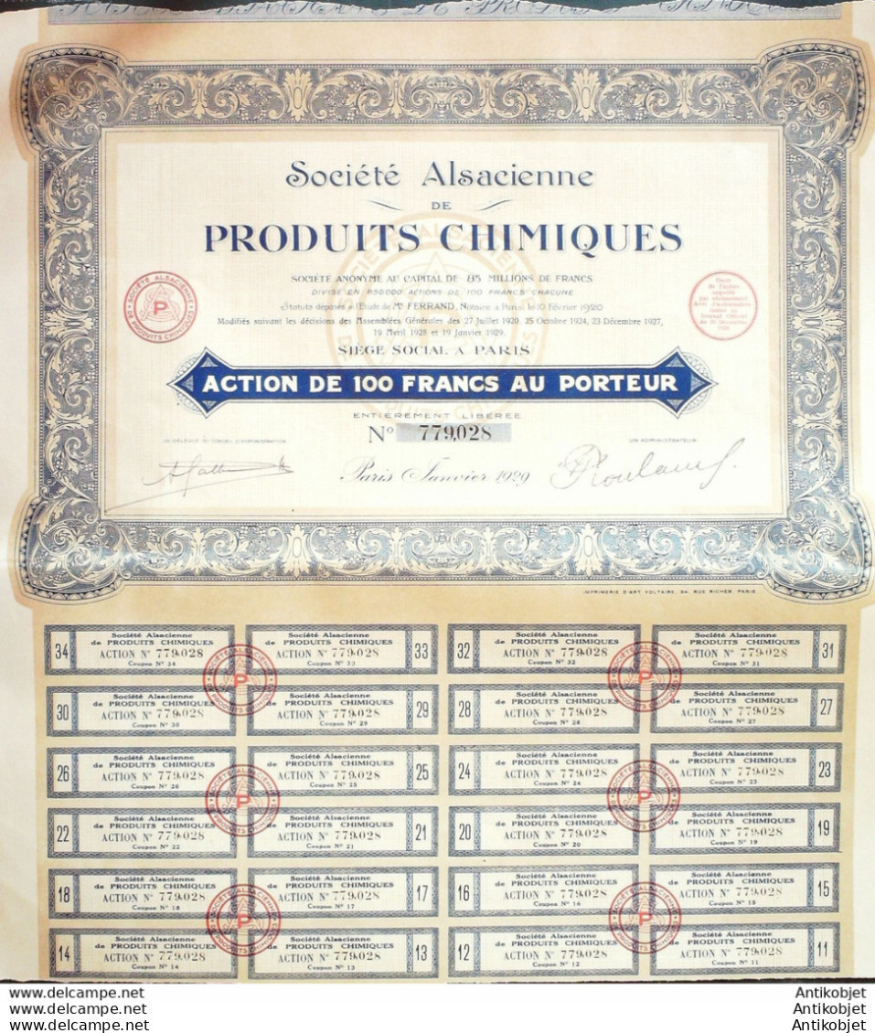 Sté Alsacienne De Produits Chimiques Action 100 Fr 1928 - Industrie