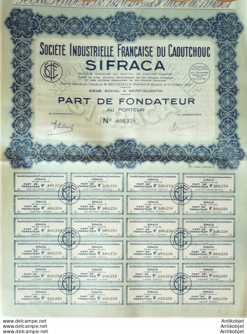 Sifraca Caoutchouc (Sté Industrielle Du ) Action 100 Fr 1929 - Industrie