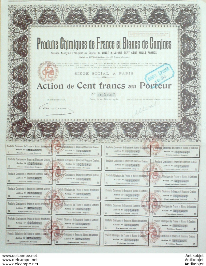 Produits Chimiques & Blancs De Comines (La Baryte) Action 100 Fr 1931 - Industrie