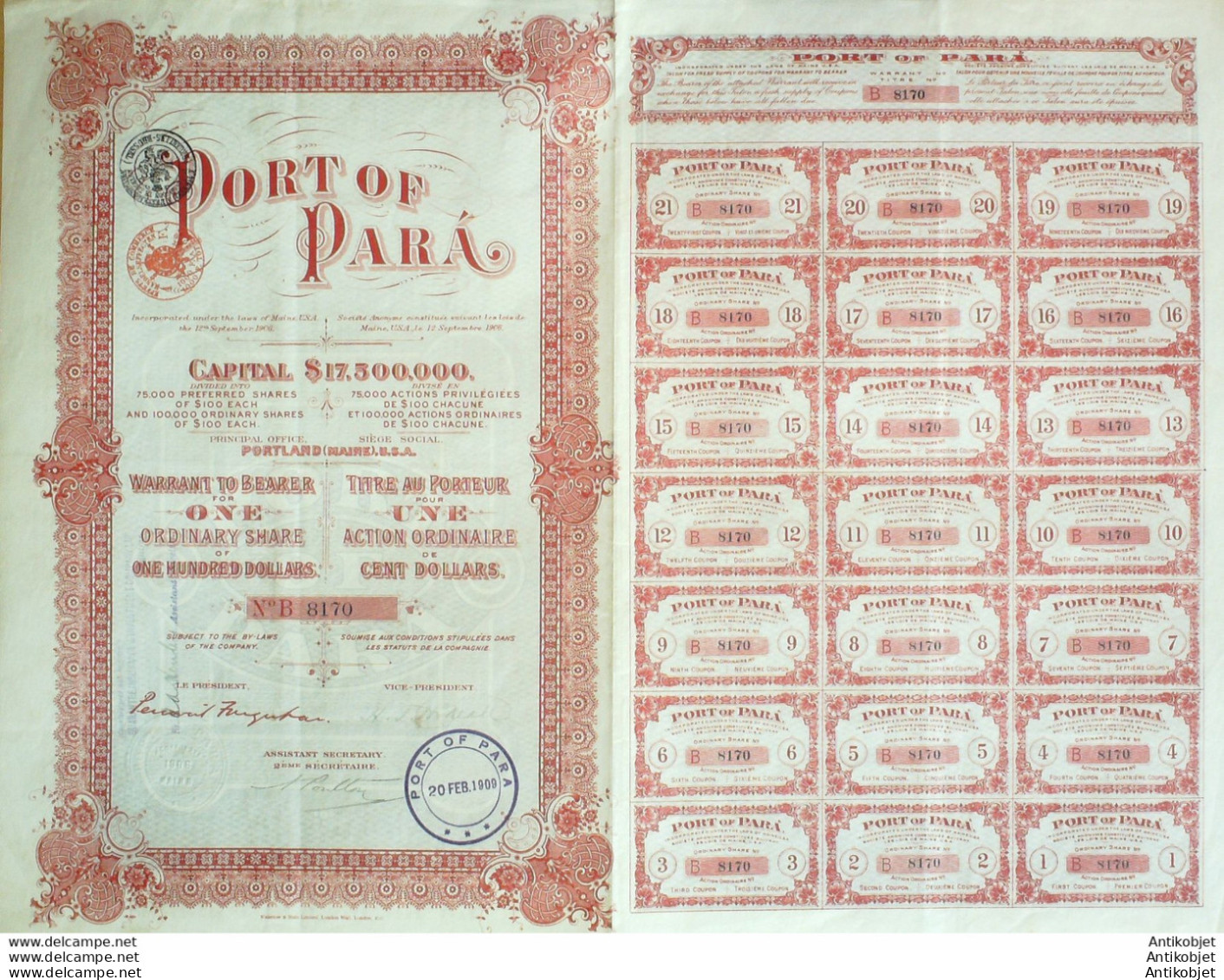 Port Of Para Portland Brésil Action $ 100 1906 - Navigazione