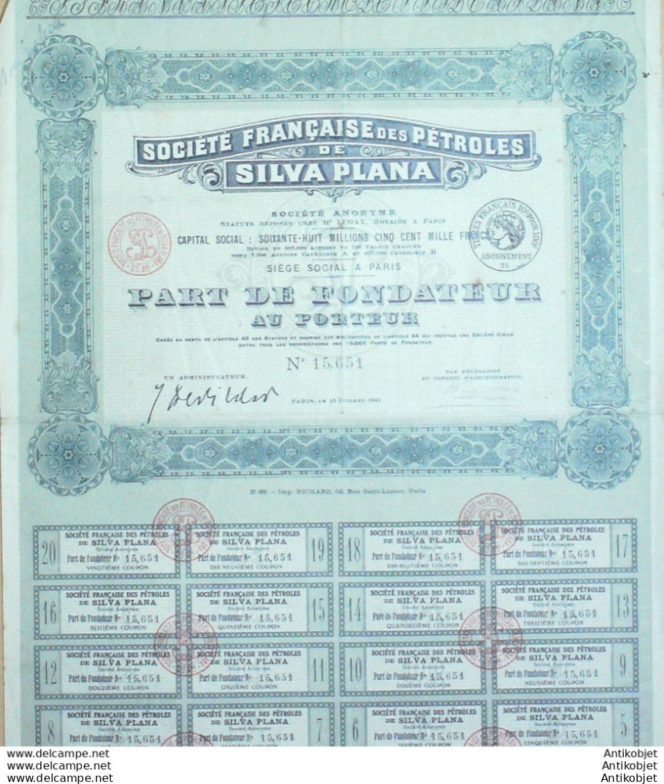 Pétroles Silva Plana (Sté D'industrie Des Pétroles) Action 100 Fr 1921 - Erdöl