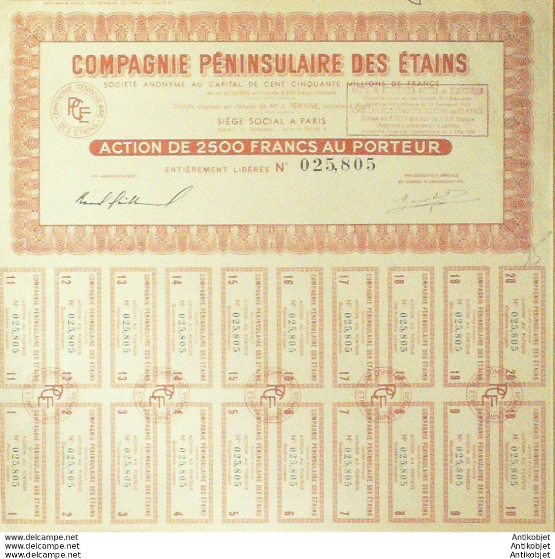 Péninsulaire Des étains (Cie) Action 2500 Fr Paris 1954 - Industrie
