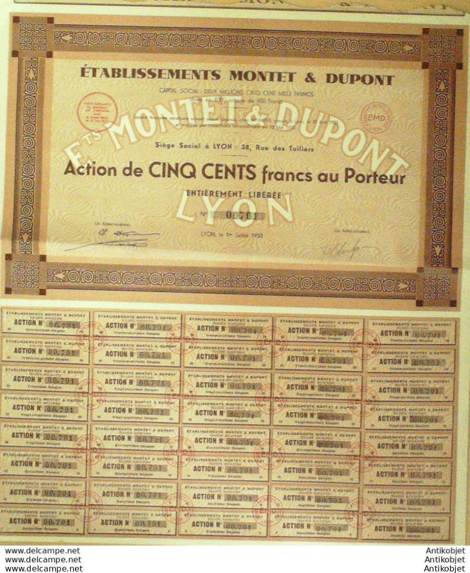 Montet & Dupont (Ets Charcuterie) Lyon (69) Action 500 Fr 1933 - Industrie