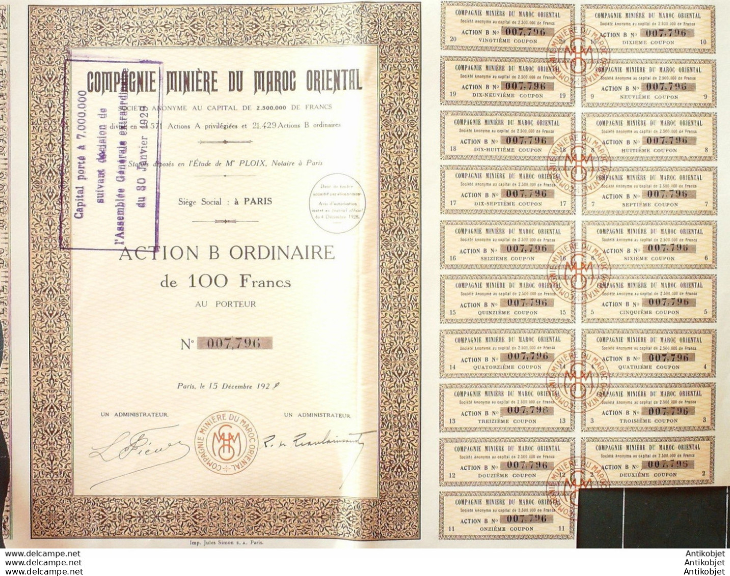 Mines Du Maroc (Cie Minière Oriental) Action 100 Fr Paris 1929 - Banque & Assurance