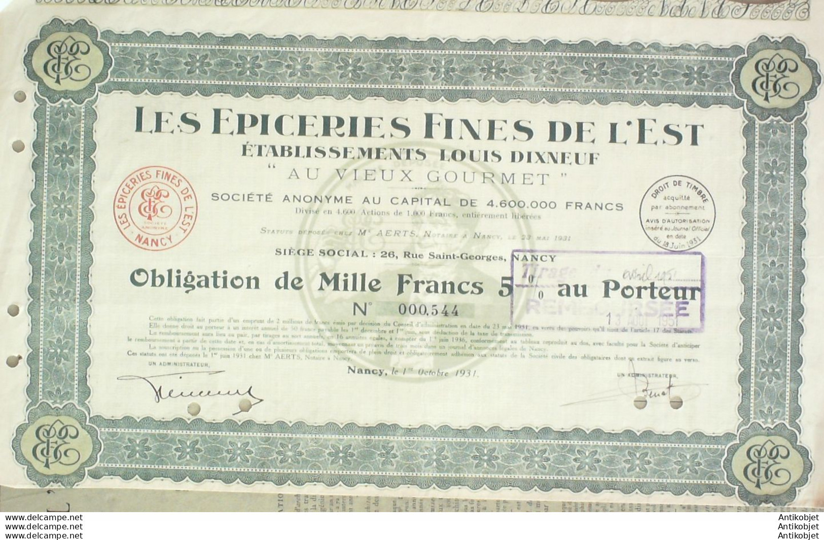 Les épiceries Fines De L'Est (Ets Louis Disneuf) Nancy (54) Obligation 1000 Fr 1931 - Industrie