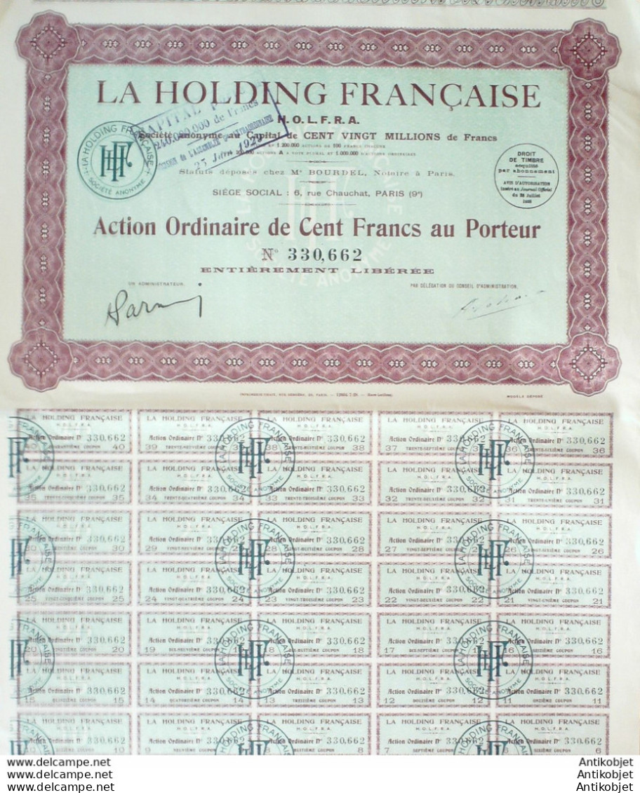 La Holding Francaise H.O.L.F.R.A Paris Action 100 Fr 1928 - Banque & Assurance