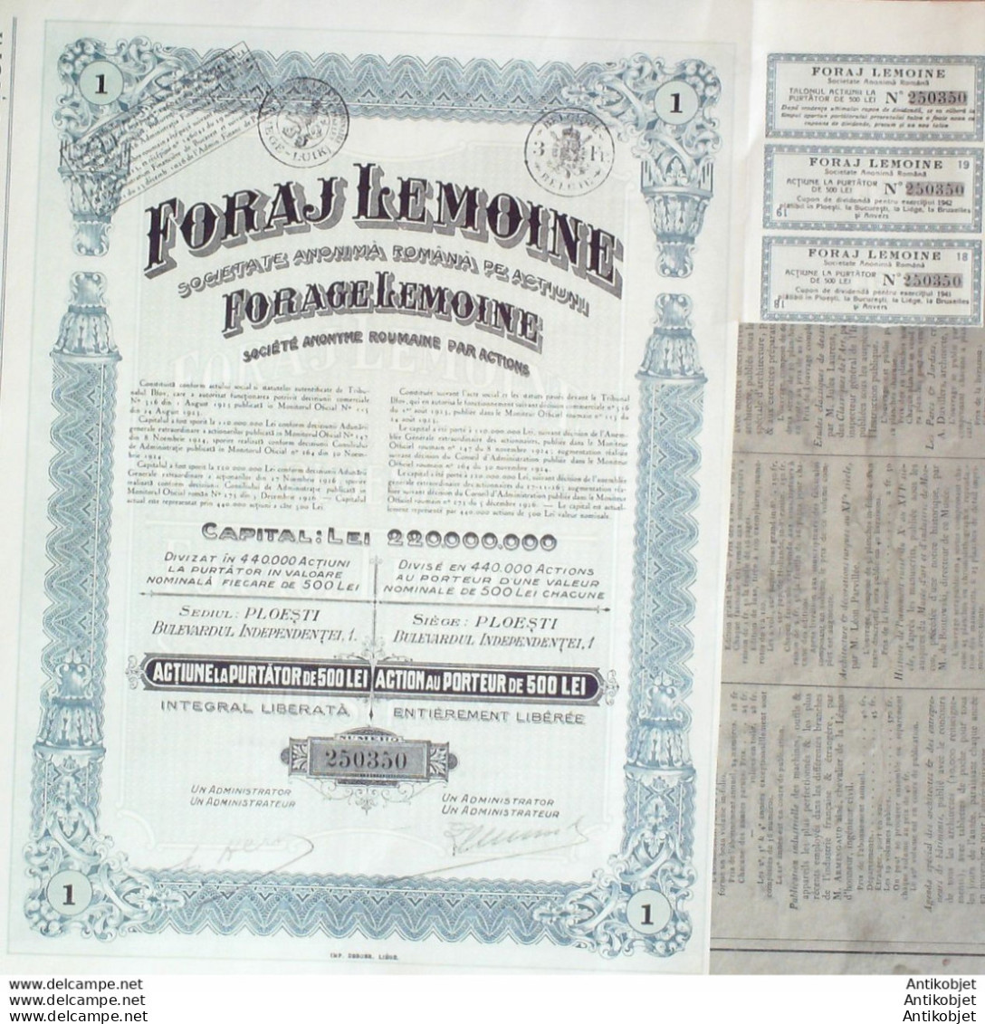 Foraj Lemoine Ploesti (Industrie De Pétrole) Roumanie Action 500 Lei 1908 - Pétrole