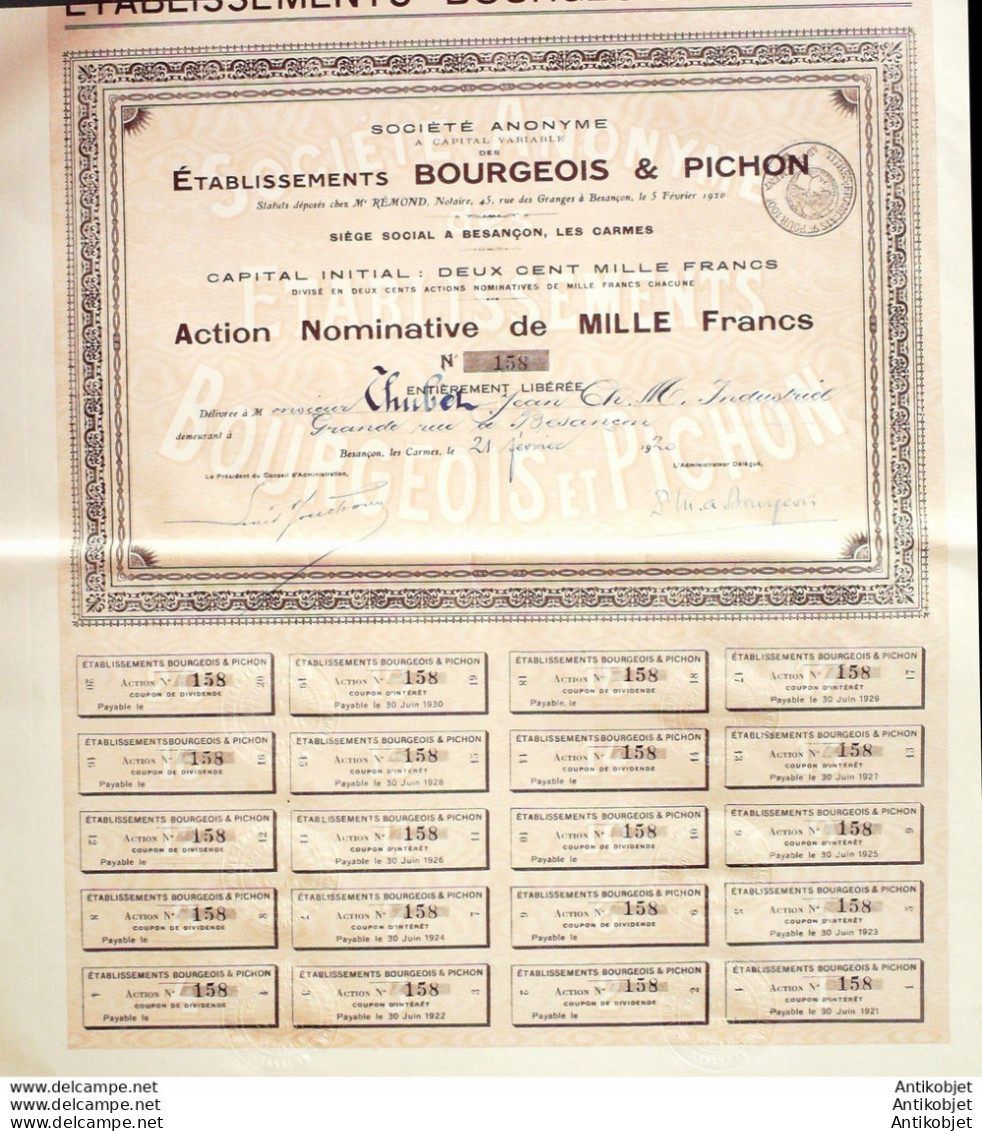 Etablissements Bourgeois Et Pichon Besancon (25) Action 1000 Fr 1920 - Industrie