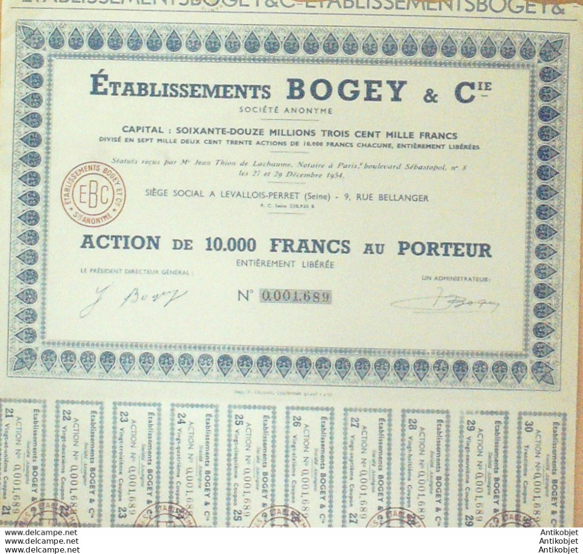 Etablissements Bogey Et Compagnie Levallois (92) Action 10000 Fr 1954 - Sports