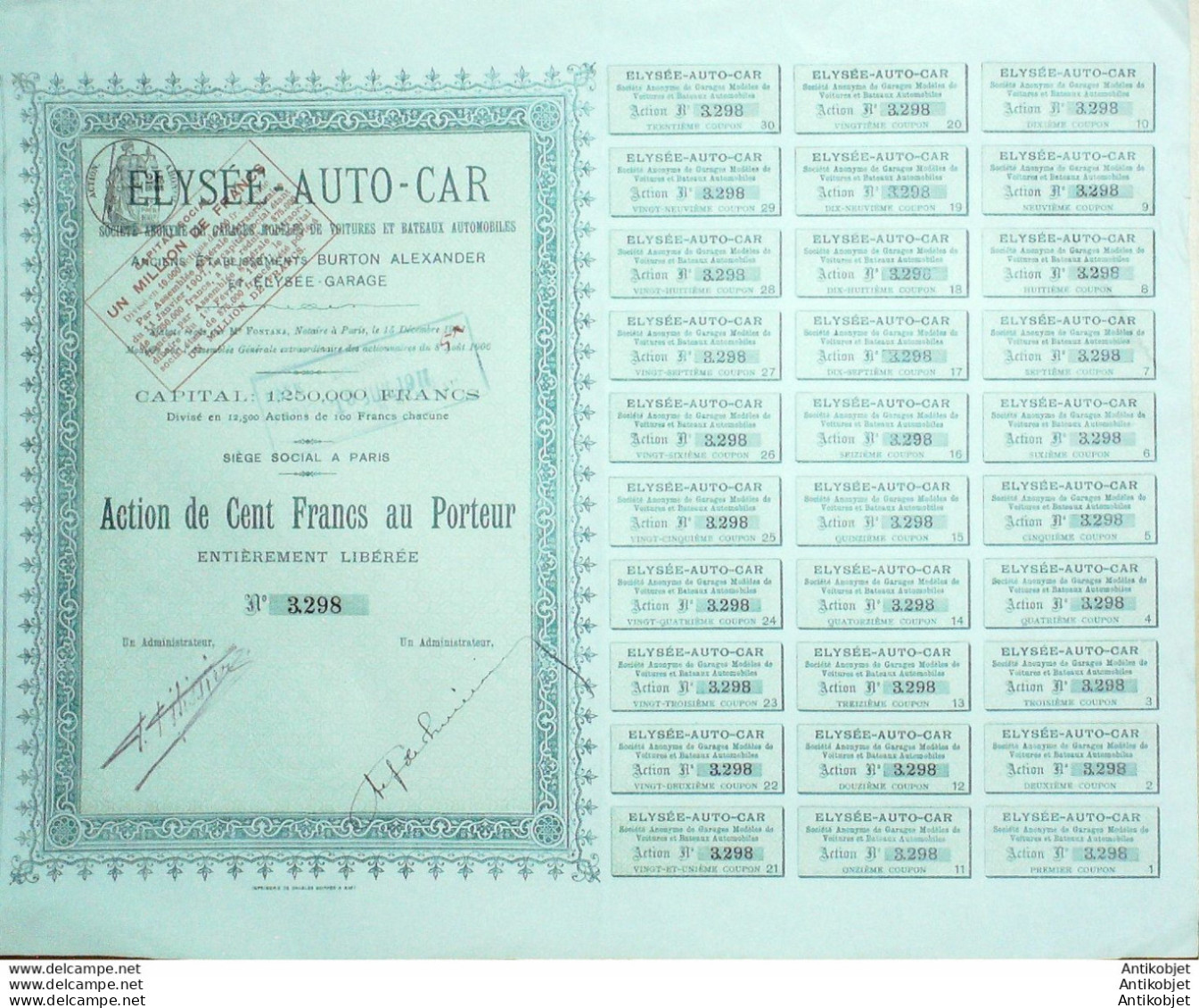 Elysée Garage Auto-car Action 100 Fr 1906 - Automobile