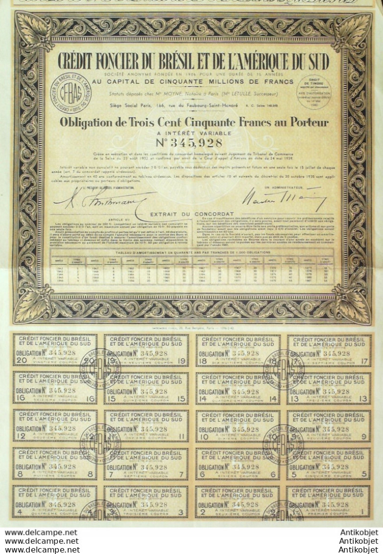 Crédit Foncier D'Amérique Du Sud Obligation 200 Fr Brésil 1932 - Banque & Assurance