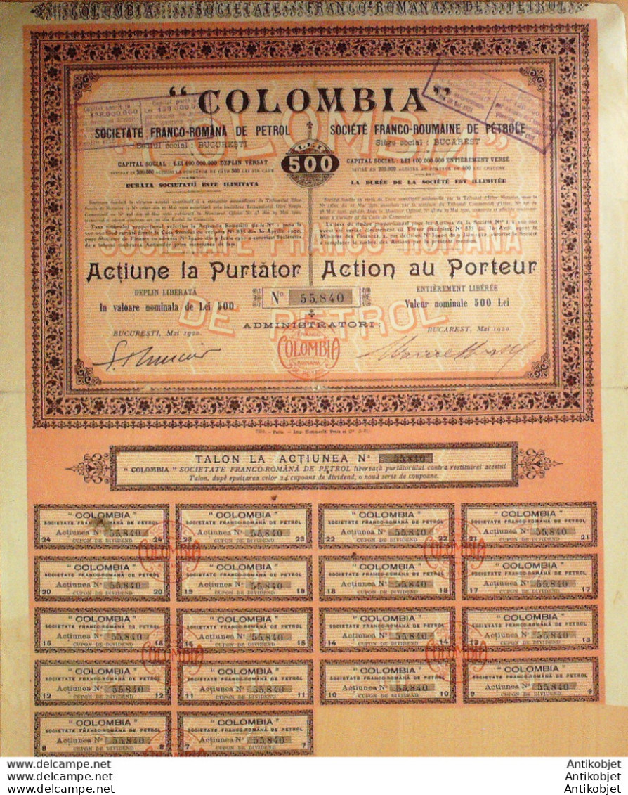 Colombia Societe De Petrole Roumanie Action 500 Fr 1921 - Pétrole