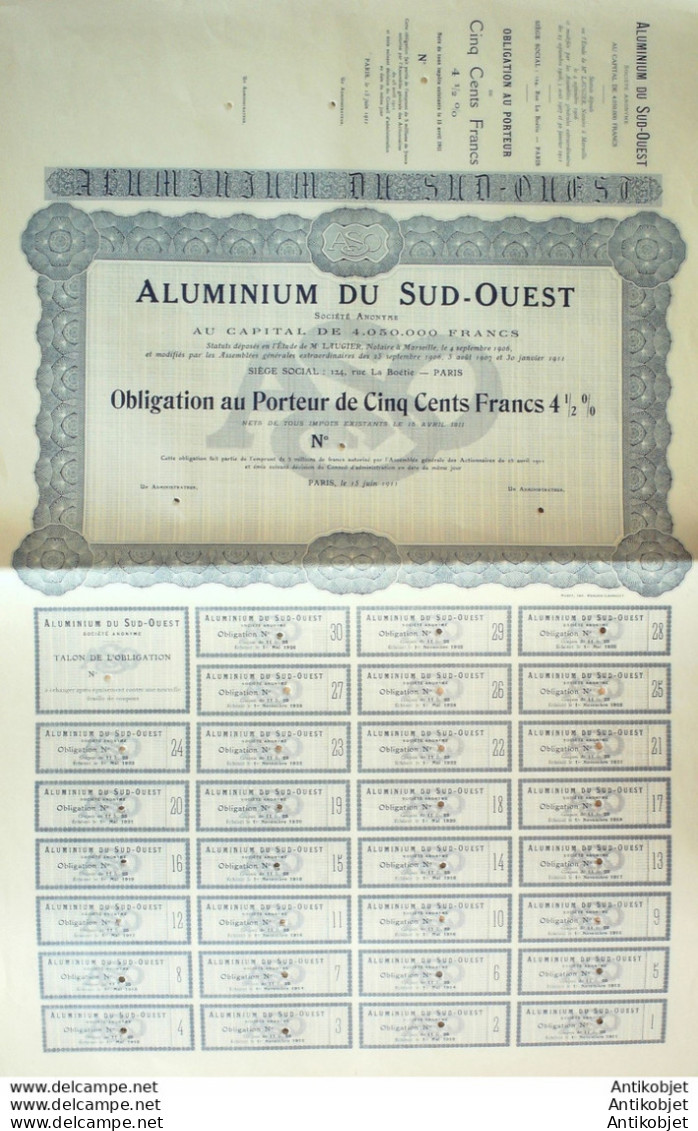 Aluminium Du Sud Ouest Marseille (13) Obligation 500 Fr 1911 - Industrie