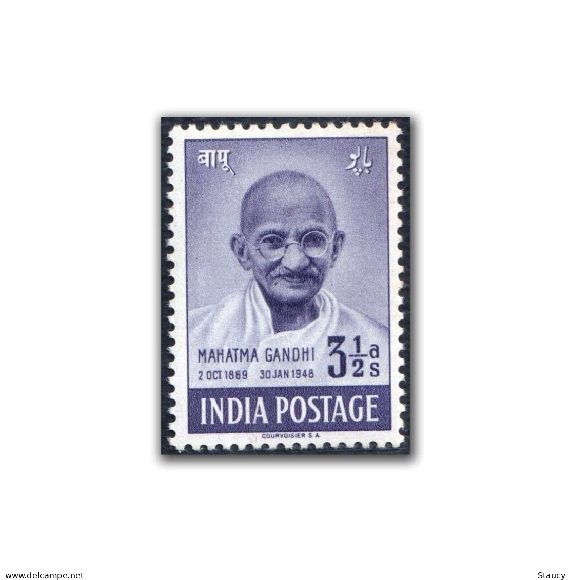 India 1948 Mahatma Gandhi Mourning 3 1/2a Anna, VERY FINE FRONT, MINT Hinged,  NICE COLOUR As Per Scan - Ongebruikt