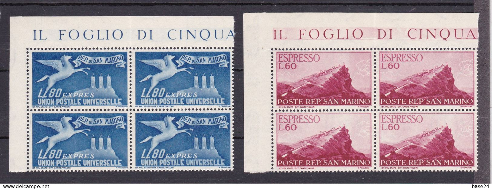 1950 San Marino Saint Marin ESPRESSO N°21-22 Serie Di 2v. In QUARTINA MNH** Gomma Bicolore Express Block 4 - Sellos De Urgencia