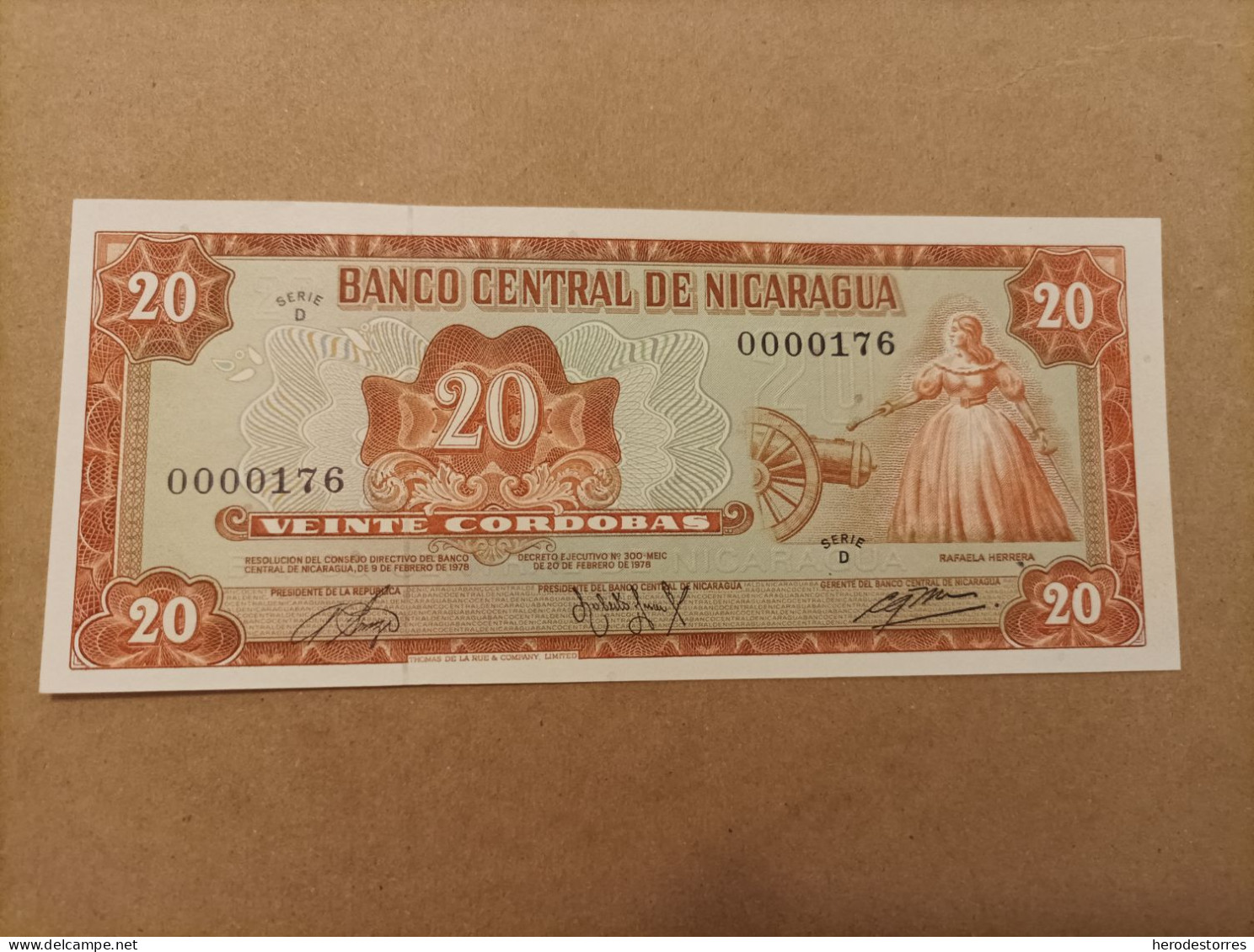 Billete De Nicaragua De 20 Córdobas, Año 1978, Nº Bajisimo 0000176, UNC - Nicaragua