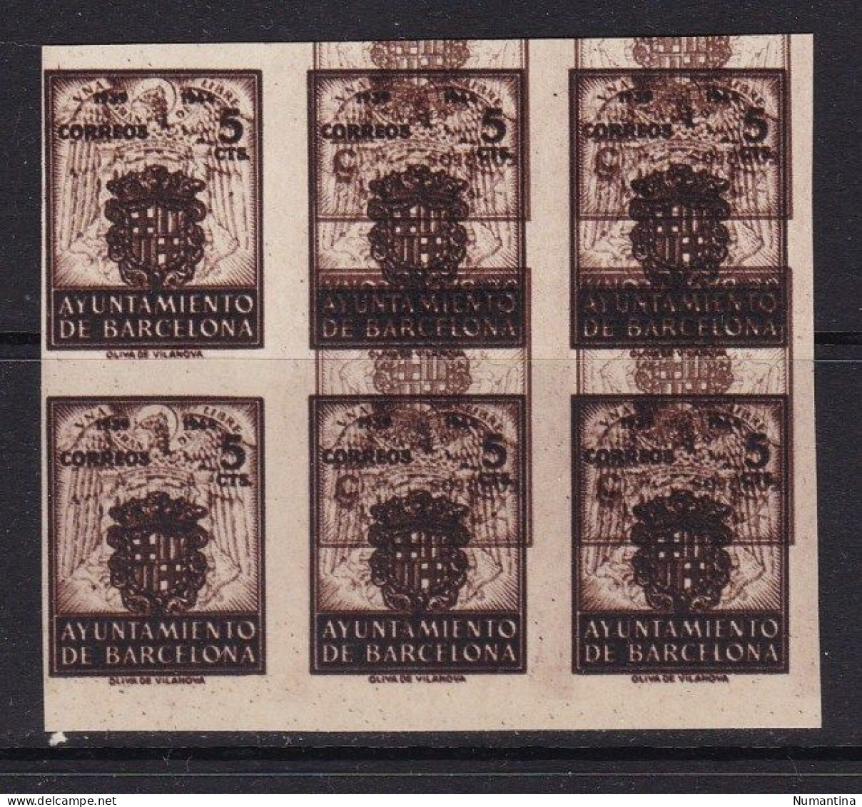 1944 - España - Barcelona - Edifil 55s - Escudo Nacional - MNG - Sin Dentar - Bloque 6 - Error Impresion - Barcelona