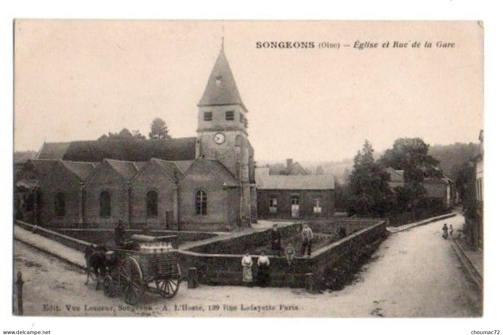 (60) 484, Songeons, Vve Lesueur, Eglise Et Rue De La Gare, Laitier - Songeons